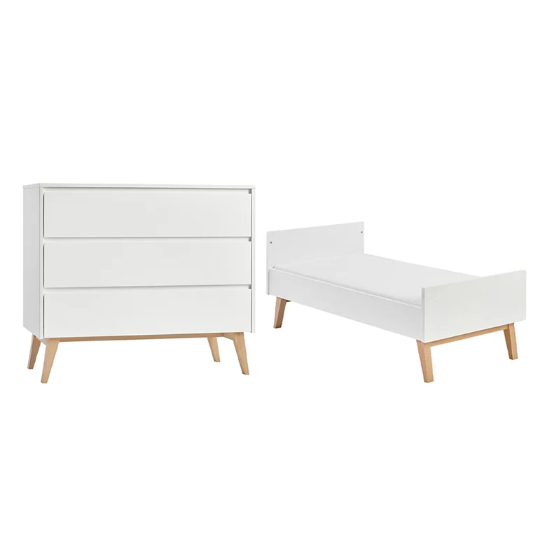 Lit évolutif 70x140 et commode 3 tiroirs Pinio Swing - Blanc et bois