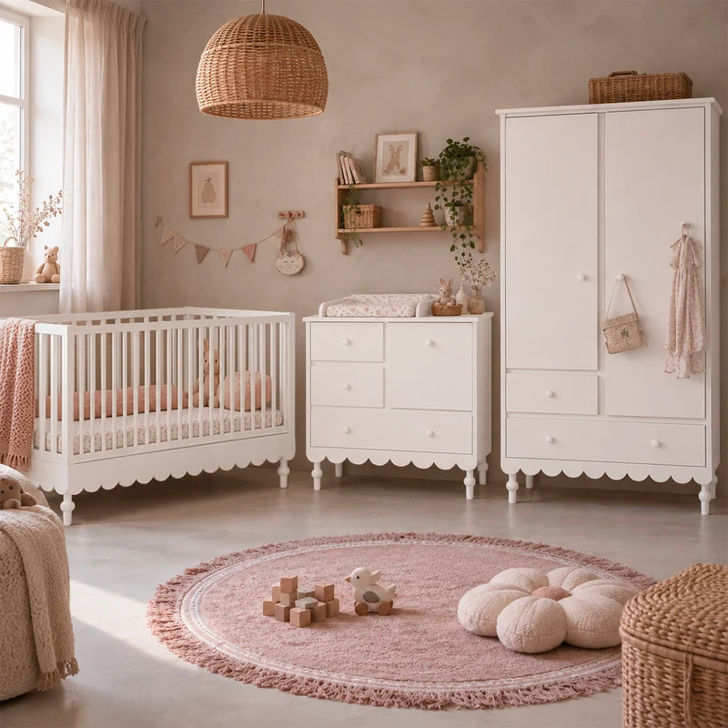 Chambre complète lit évolutif 70x140 commode à langer et armoire 2 portes Wood Luck Babushka Blanc