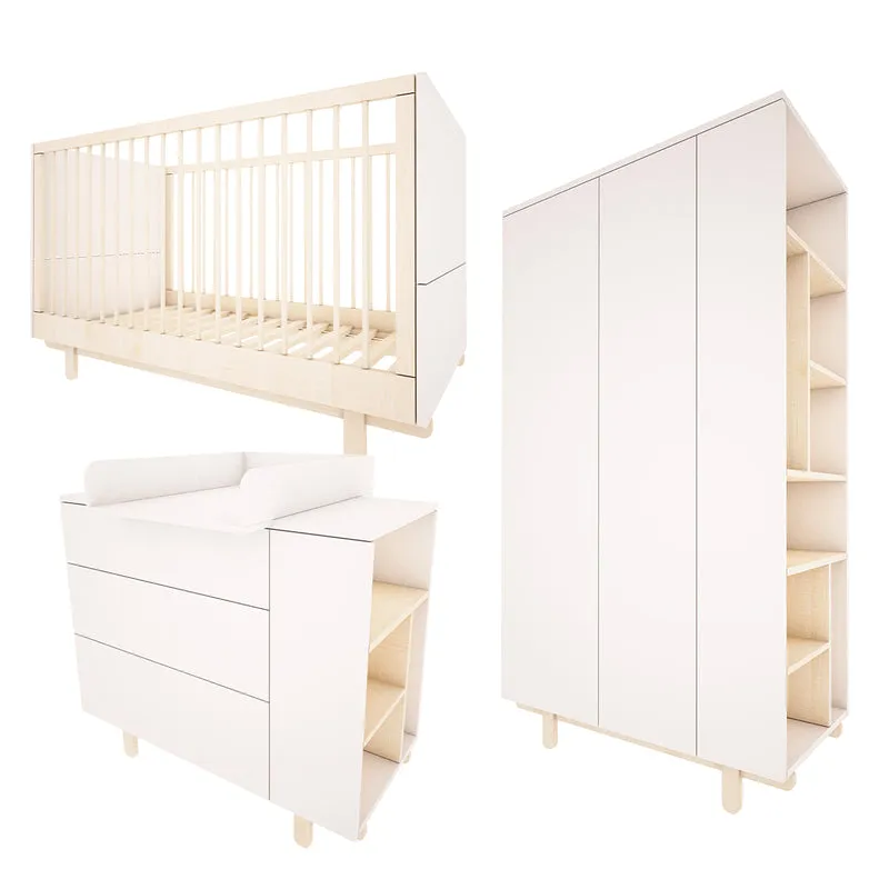 Chambre complète lit évolutif 70x140 commode à langer et armoire 2 portes Wood Luck Romy - Blanc