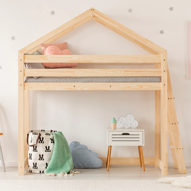Lit cabane mi-hauteur 90x200 sommier inclus Alix Bois