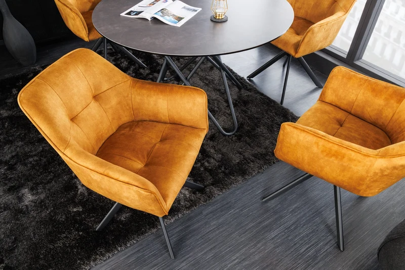 Lot de 2x chaises design LOFT en velours jaune moutarde pivotante structure métal noir avec accoudoirs