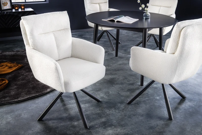 Lot de 2x chaises pivotante rétro BIG GEORGE blanche bouclée avec accoudoirs, noyau à ressorts Bonell