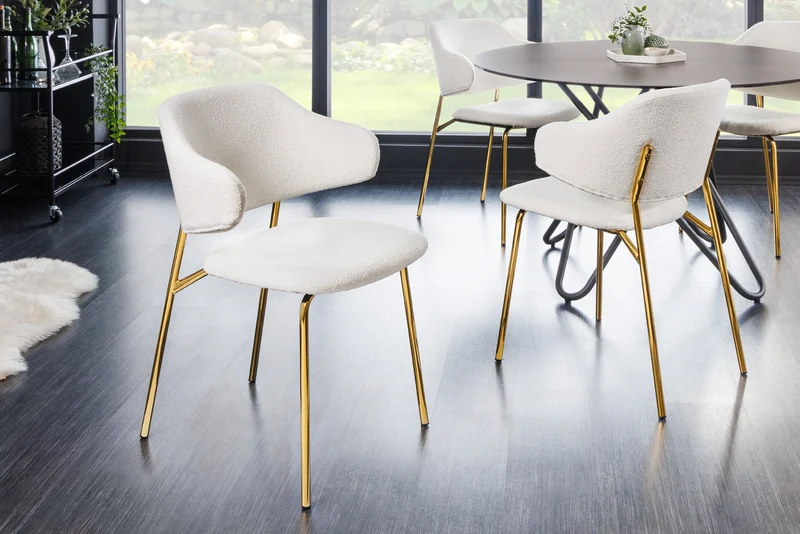 Lot de 2x chaises design VOGUE blanc Bouclé pieds métal doré
