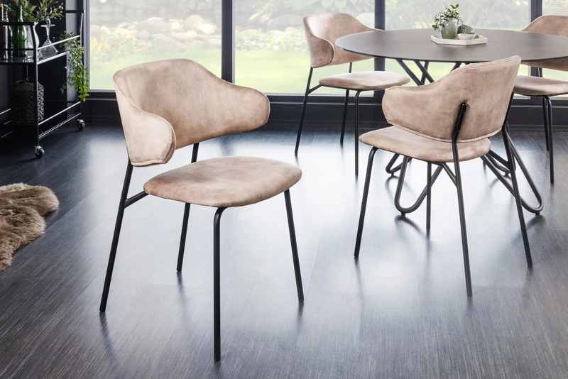 Lot de 2x chaises design VOGUE velours champagne grège pieds métal noir