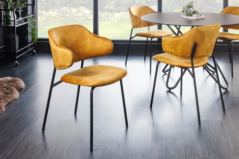 Lot de 2x chaises design VOGUE velours jaune moutarde pieds métal noir