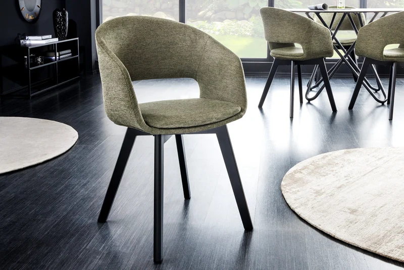 Lot de 2x chaises design NORDIC STAR tissu structuré vert bois massif noir avec accoudoirs rembourrés