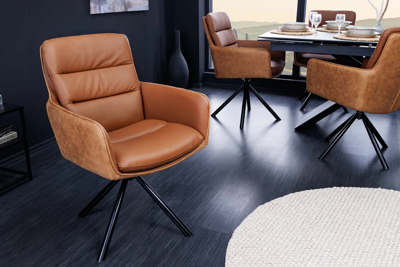 Chaise design rotative BIG GEORGE en cuir véritable cognac microfibre avec accoudoirs Rétro