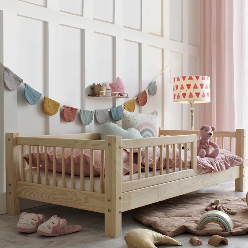 Lit 90x190 barrière et sommier inclus pieds 10 cm Adèle Bois