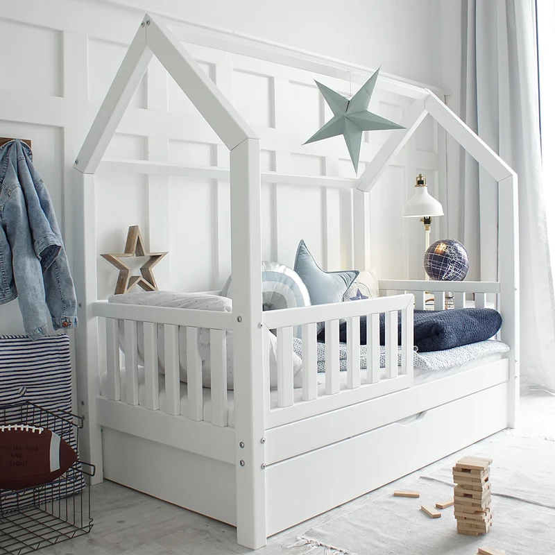 Lit cabane 90x190 barrière sommier et tiroir inclus Daisy Blanc