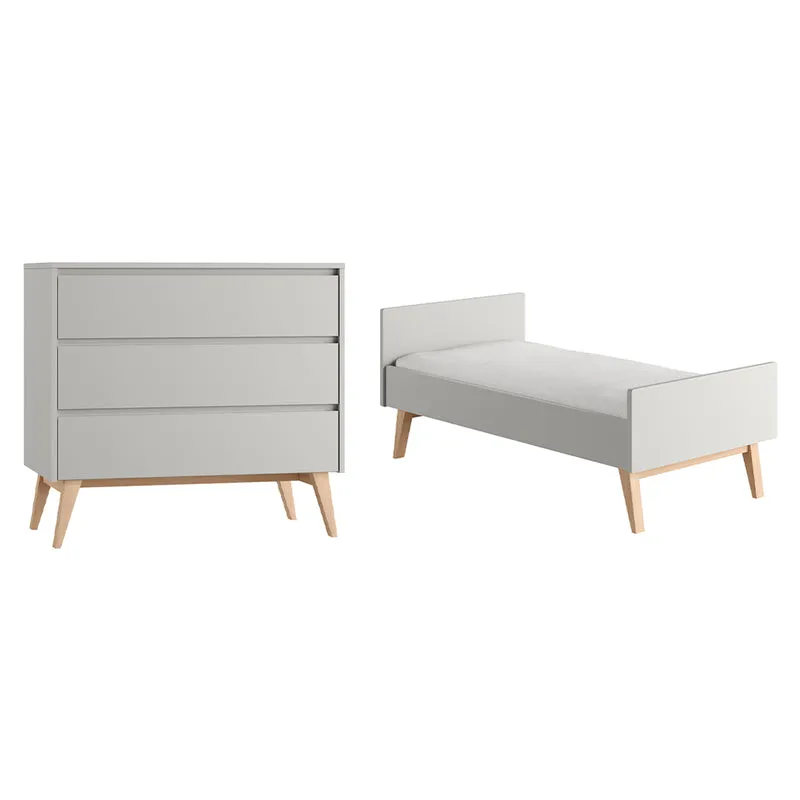 Lit évolutif 70x140 et commode 3 tiroirs Pinio Swing Gris et bois