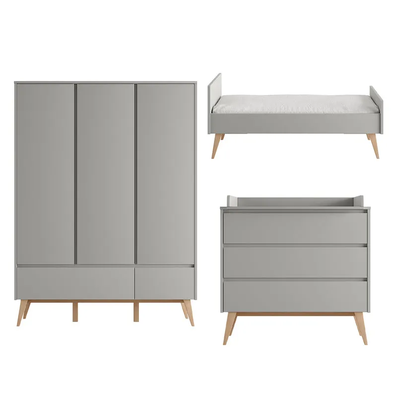 Chambre complète lit évolutif 70x140 commode à langer et armoire 3 portes Pinio Swing Gris et bois