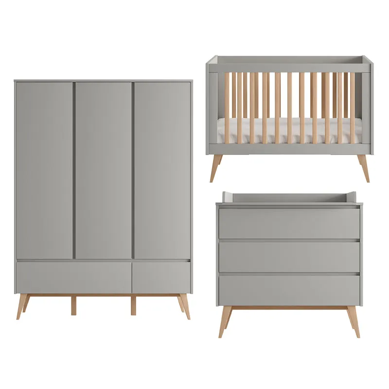 Chambre complète lit évolutif 60x120 commode à langer et armoire 3 portes Pinio Swing Gris et bois