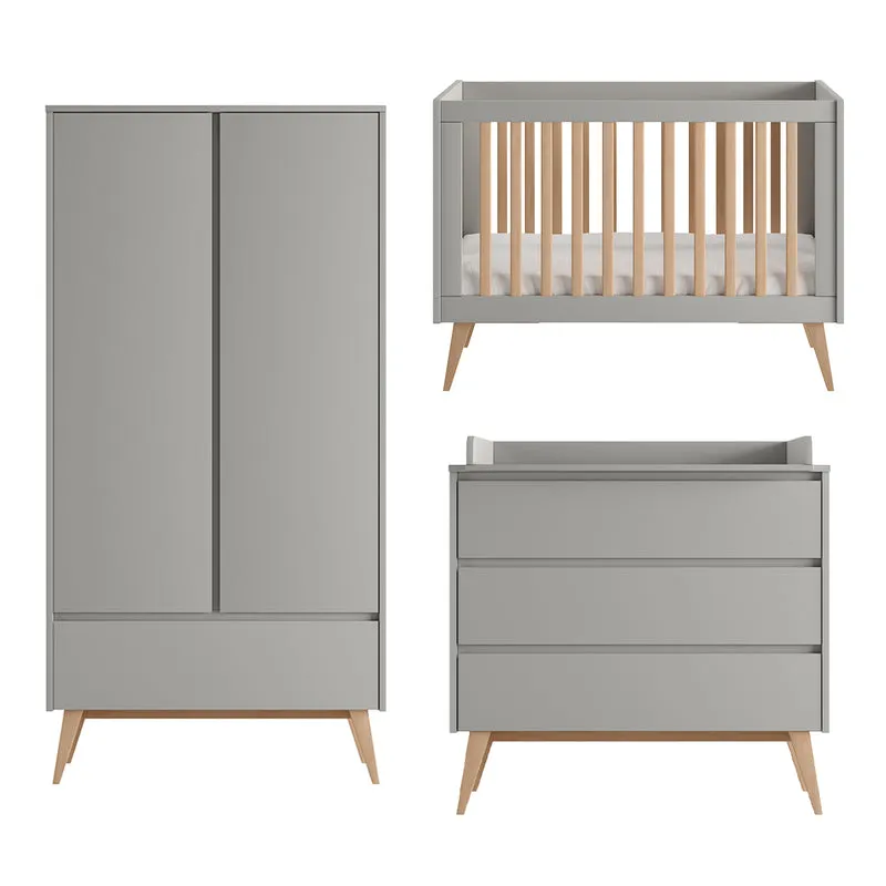Chambre complète lit évolutif 60x120 commode à langer et armoire 2 portes Pinio Swing Gris et bois