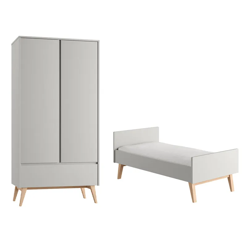 Lit évolutif 70x140 et armoire 2 portes Pinio Swing Gris et bois