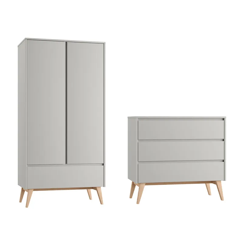 Commode 3 tiroirs et armoire 2 portes Pinio Swing Gris et bois