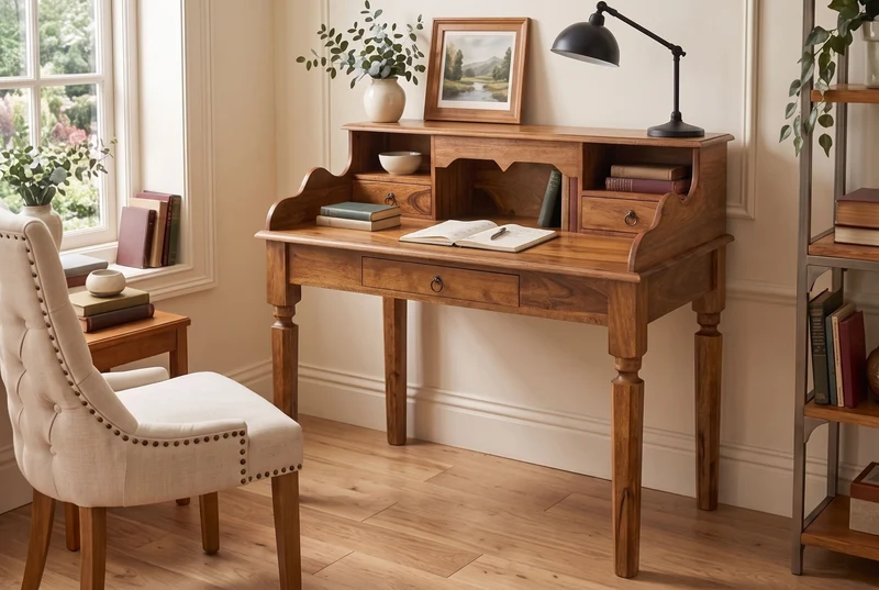 Secrétaire design HEMINGWAY L 115cm bureau bois massif sheesham marron finition pierre