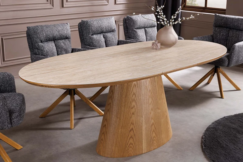 Table à manger extensible UNIQUE 160-200cm bois de chêne naturel travertin base colonne en céramique