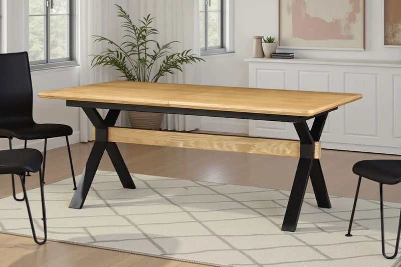 Table à manger extensible GIANT 180-300cm chêne naturel métal noir structure en X