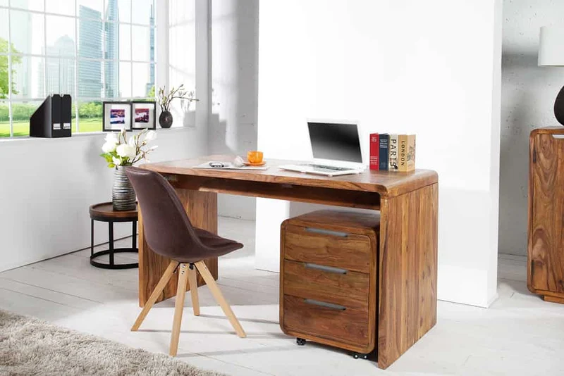 Table de bureau en bois massif CUBUS 120cm bureau en bois de sheesham marron finition pierre