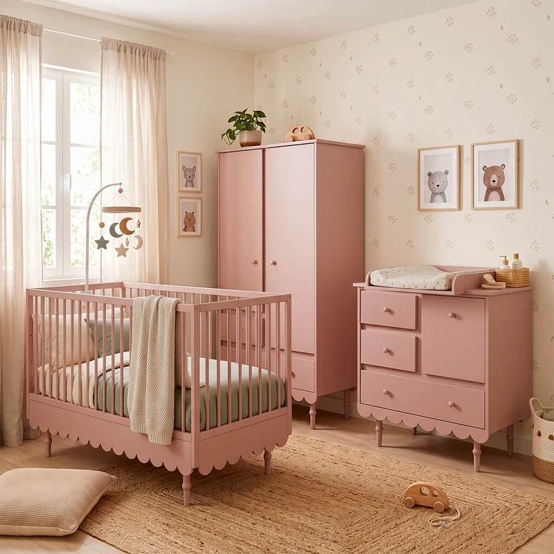 Chambre complète lit évolutif 70x140 commode à langer et armoire 2 portes Wood Luck Babushka Rose