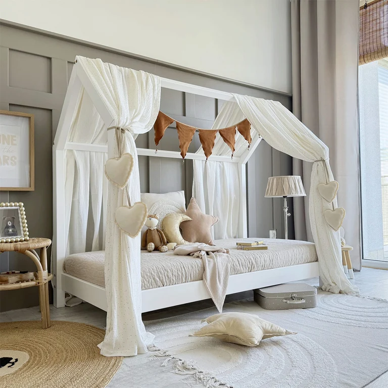 Ciel de lit en mousseline double pour 90x200 Blanc et or