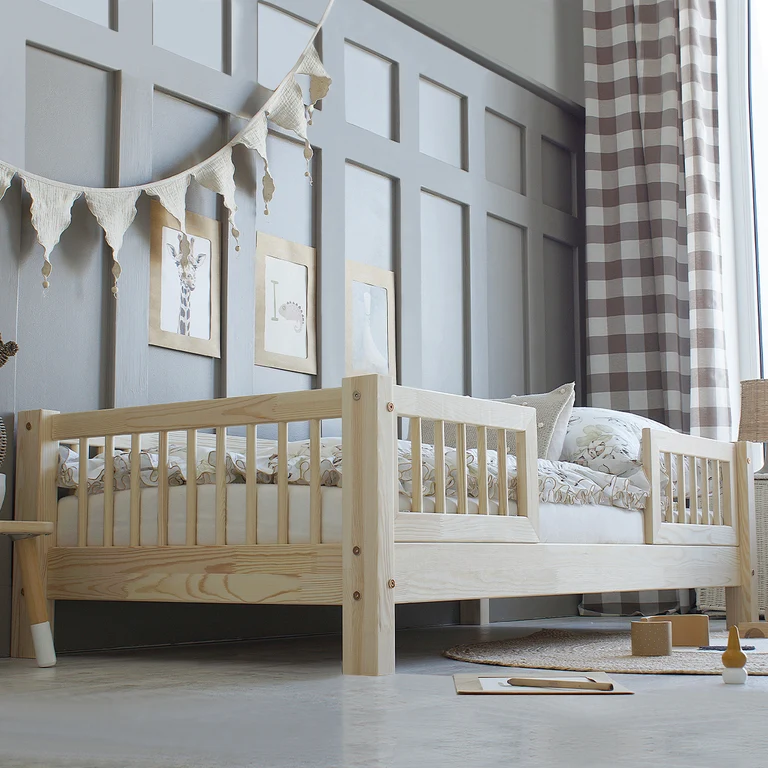 Lit 90x200 barrières et sommier inclus pieds 10 cm Adèle Bois