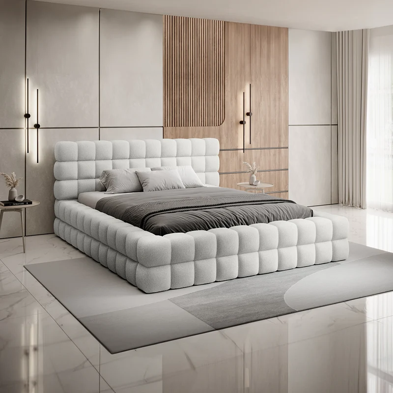 Lit coffre 160x200 sommier inclus Cloud tissu bouclette Blanc