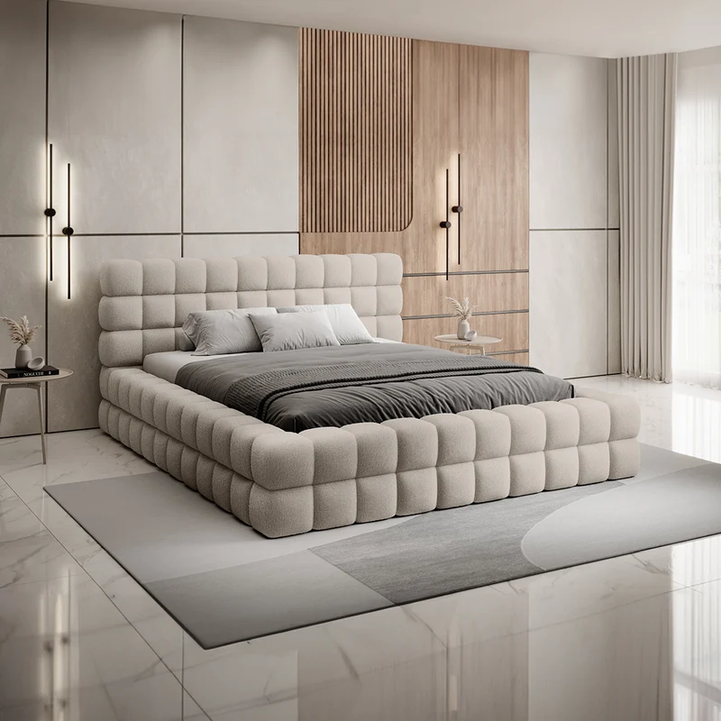 Lit coffre 160x200 sommier inclus Cloud tissu bouclette Beige