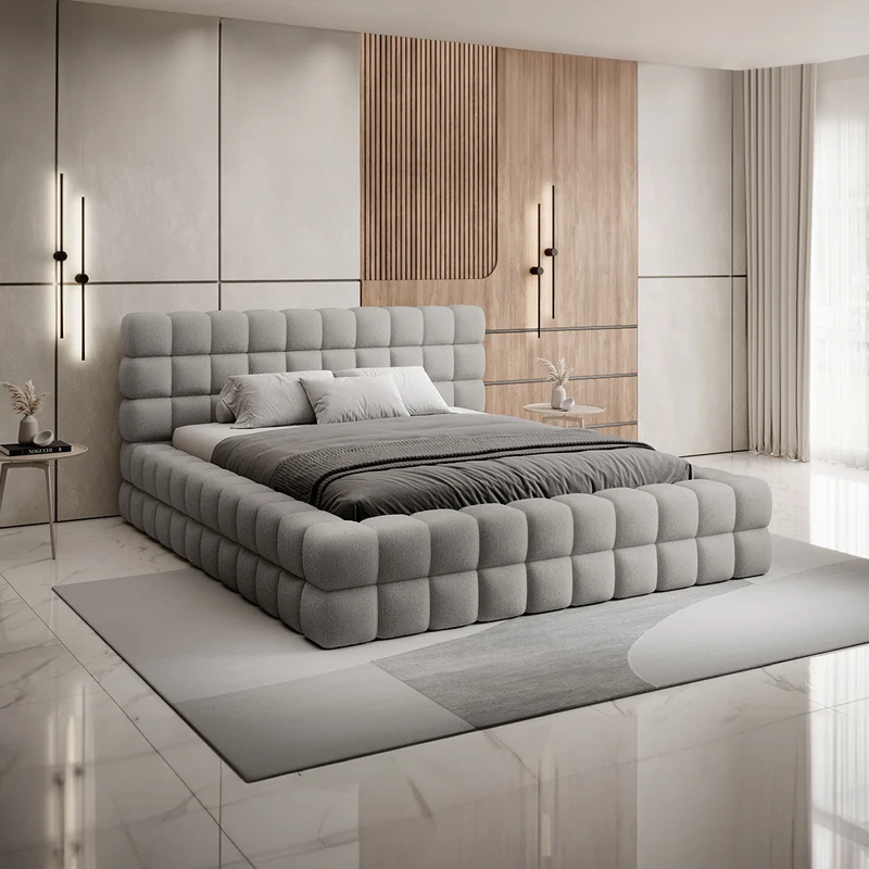 Lit coffre 160x200 sommier inclus Cloud tissu bouclette Gris