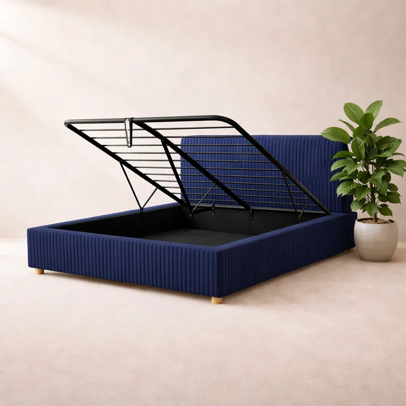 Loft - Lit coffre avec tête de lit et grand coffre Velours côtelé Bleu