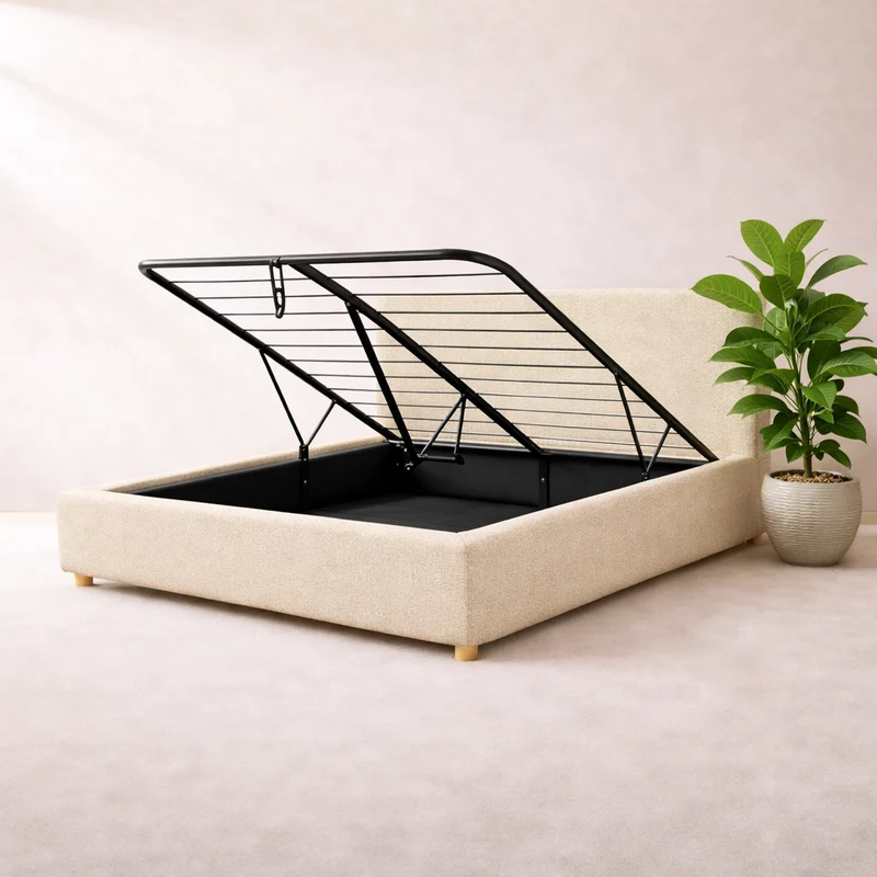 Loft - Lit coffre avec tête de lit et grand coffre Tissu bouclette Sable