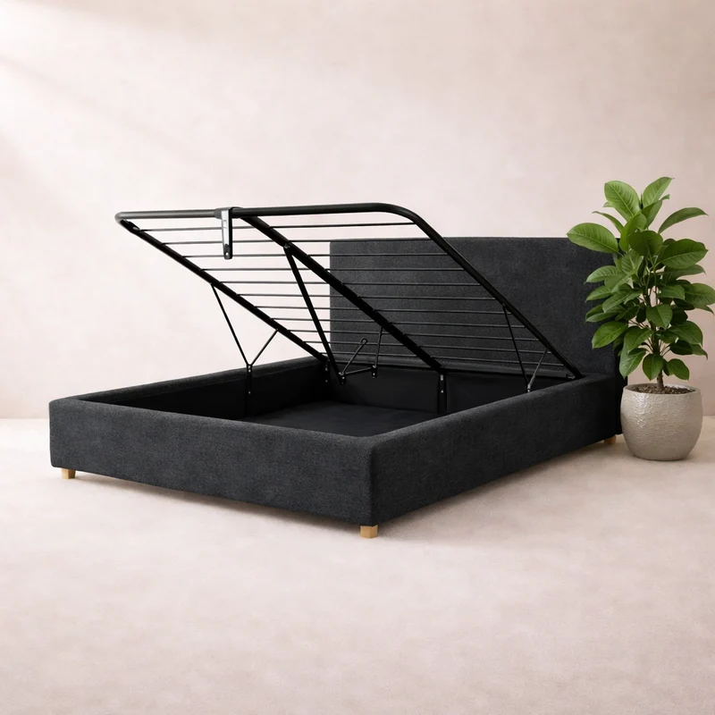 Loft - Lit coffre avec tête de lit et grand coffre Tissu Gris foncé