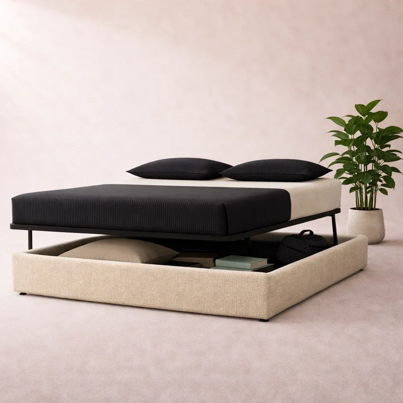 Cosy - Lit coffre innovant et cadre de lit en bouclette Sable