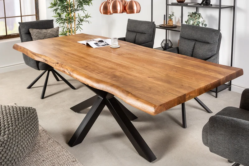 Table à manger en bois massif MAMMUT NATURE 220cm structure en métal acacia bord en arbre noir plateau 6cm