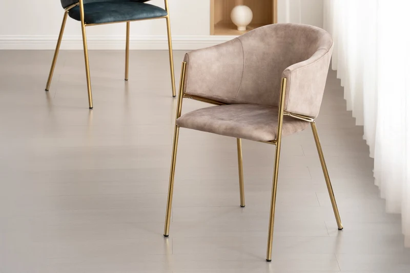 Lot de 2x chaises design NOBLESSE velours beige champagne structure métal chromé doré