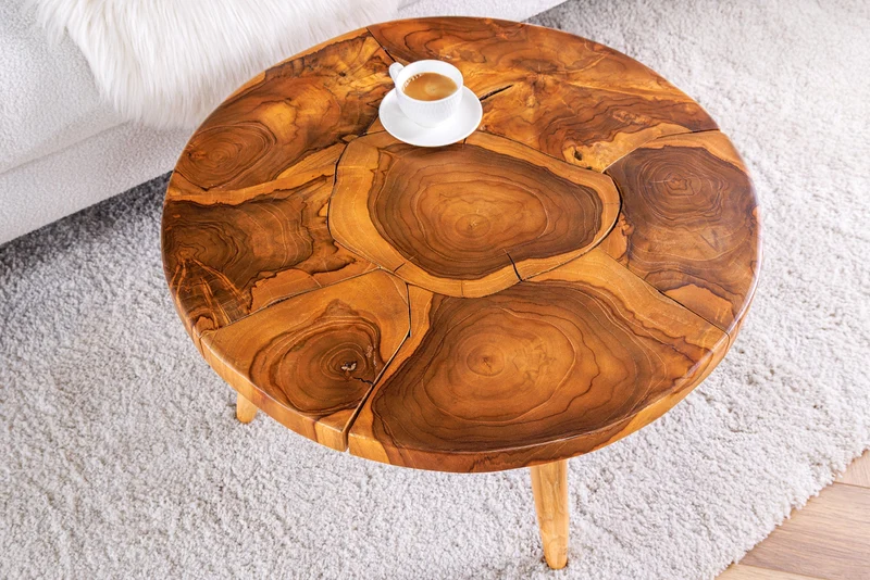 Table basse ronde en bois massif MOSAIC 60cm tronc d'arbre en teck naturel fait main