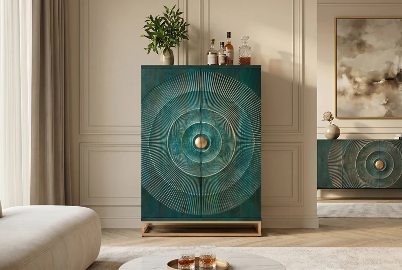 Meuble bar artisanal GOLDEN SUNSET 140cm bois de manguier massif turquoise