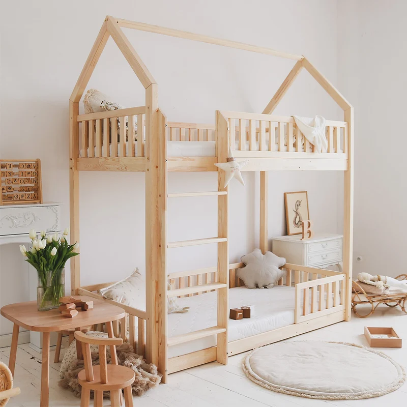 Lit cabane superposé 90x200 barrière et sommier inclus pieds 1 cm Daisy Bois