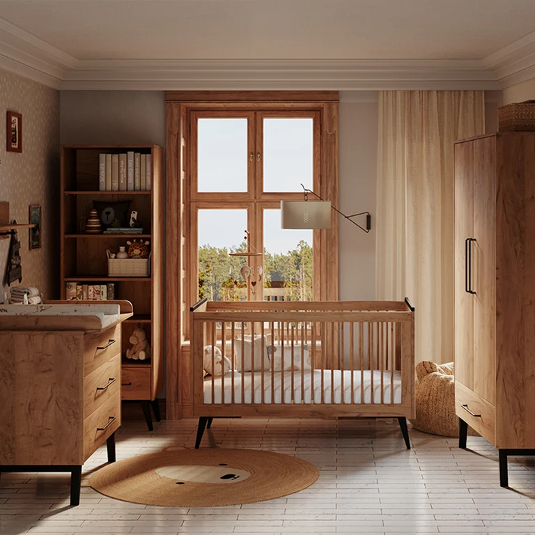 Chambre complète lit évolutif 70x140 commode à langer et armoire 2 portes Pinio Retro Bois