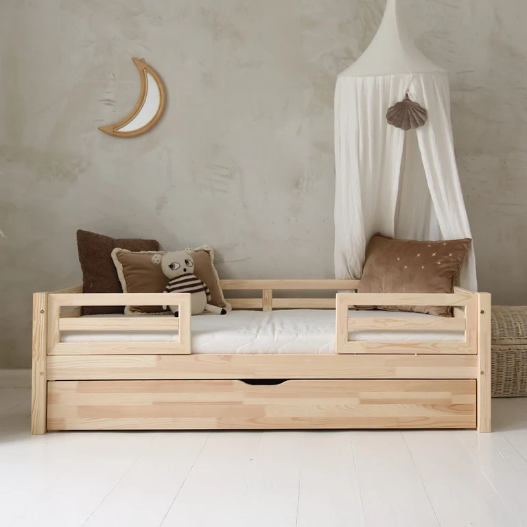 Lit 90x190 barrières sommier et tiroir inclus Myléna Bois