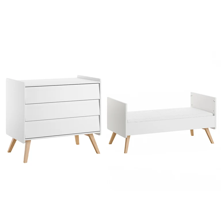 Lit évolutif 70x140 et commode 3 tiroirs Vox Vintage Blanc et Bois