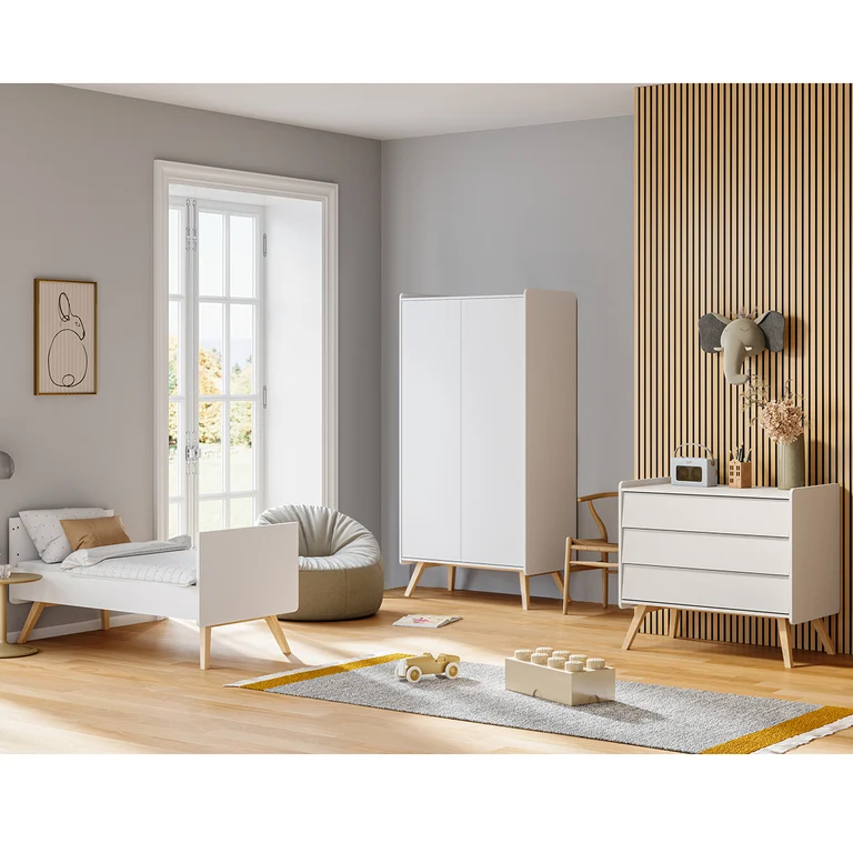 Chambre complète lit évolutif 70x140 commode à langer et armoire 2 portes Vox Vintage Blanc et Bois
