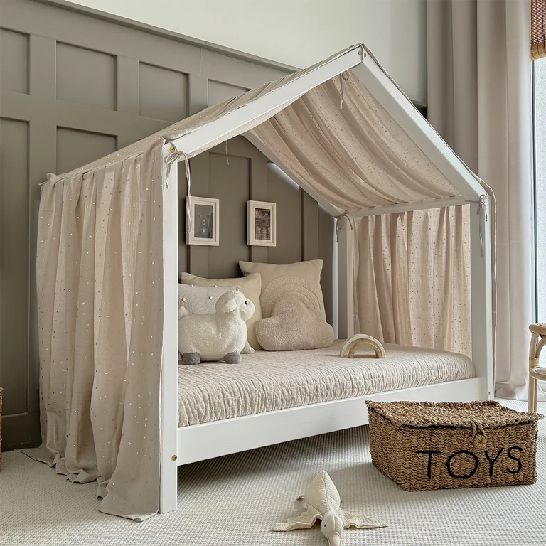 Ciel de lit en mousseline pour 90x190 Beige et argent