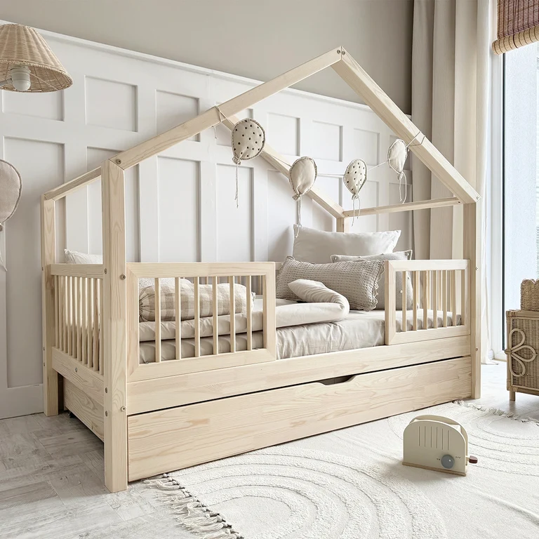 Lit cabane 90x190 barrières sommier et tiroir inclus Rosalie Bois