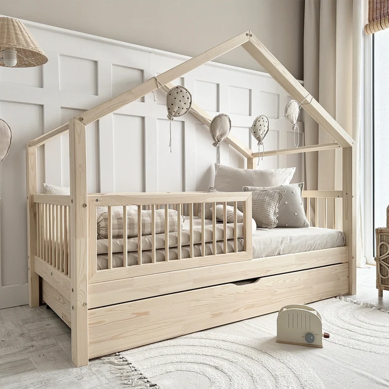 Lit cabane 90x200 barrière sommier et tiroir inclus Rosalie Bois