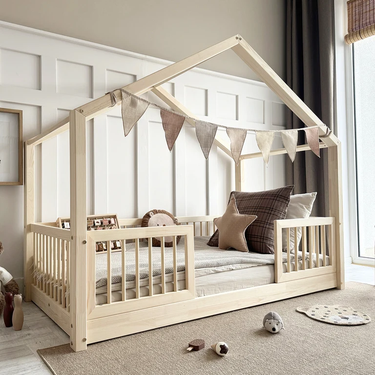 Lit cabane 90x190 barrières et sommier inclus pieds 1 cm Rosalie Bois