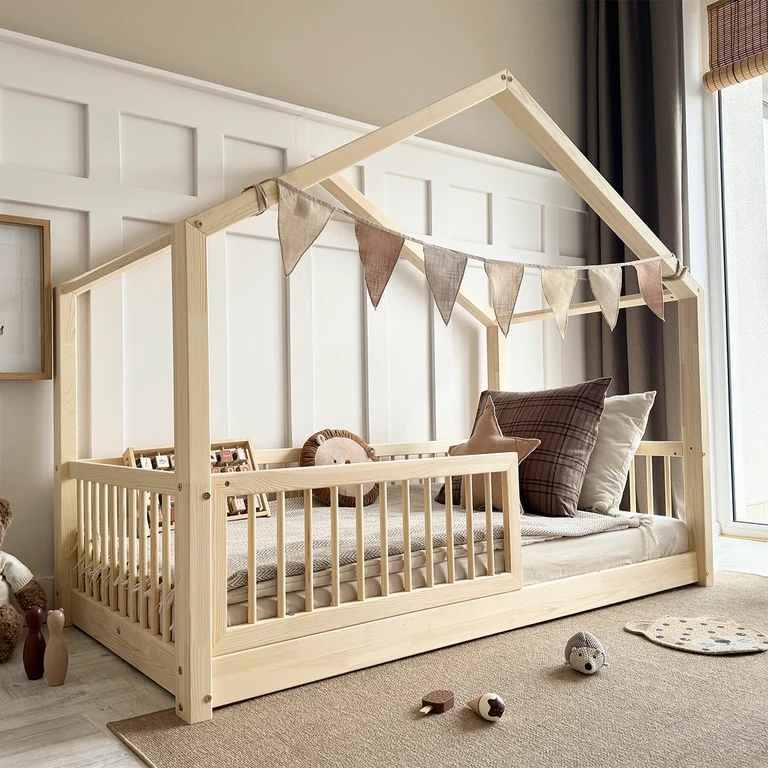 Lit cabane 90x190 barrière et sommier inclus pieds 1 cm Rosalie Bois