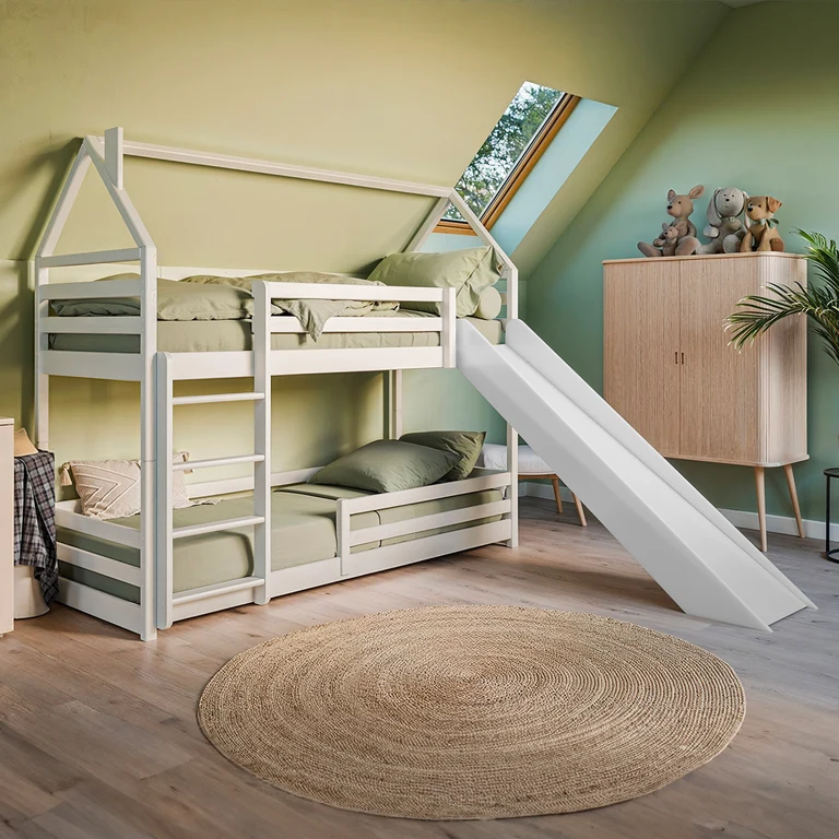 Lit cabane superposé 90x200 au sol toboggan et sommier inclus Aurélien Blanc