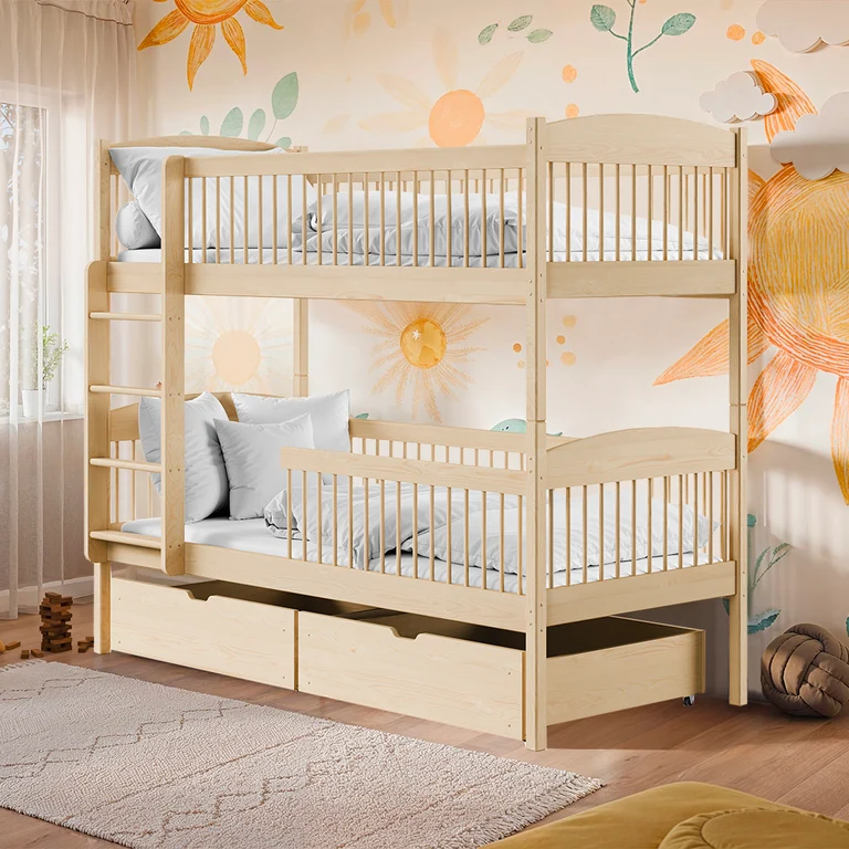 Lit superposé 90x200 sommiers et tiroirs inclus Ioana Bois