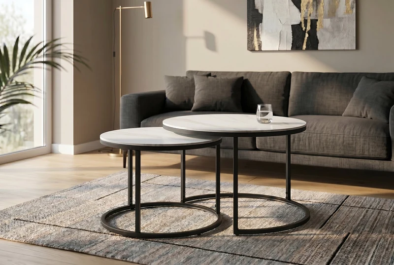 Ensemble de 2 tables basses ELEGANCE 75cm blanc céramique noir métal